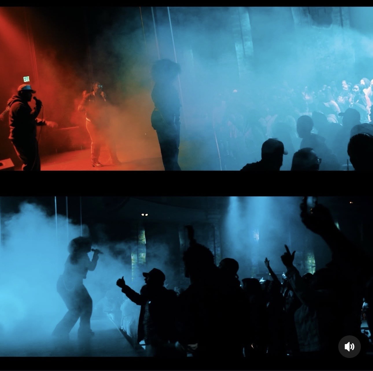 Red and cyan across a live stage